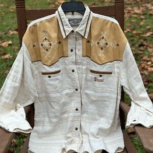 SHOOTER Large Vintage Cotton Button up with Leather Panels. 100% Cotton/Leather